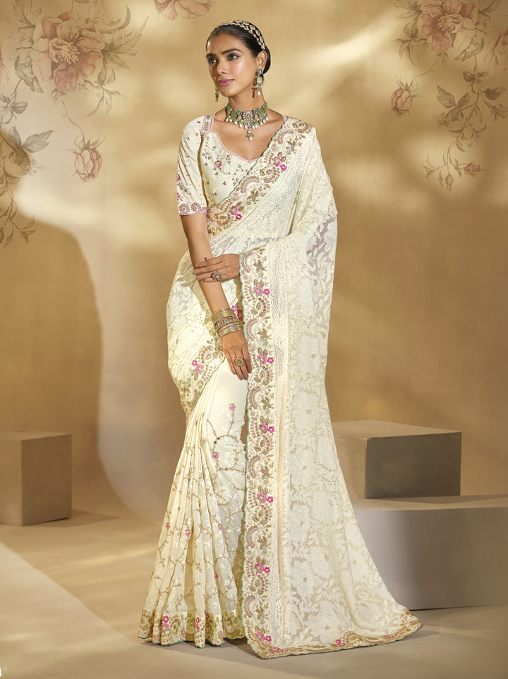 Ivory White Floral Embroidered Designer Saree
