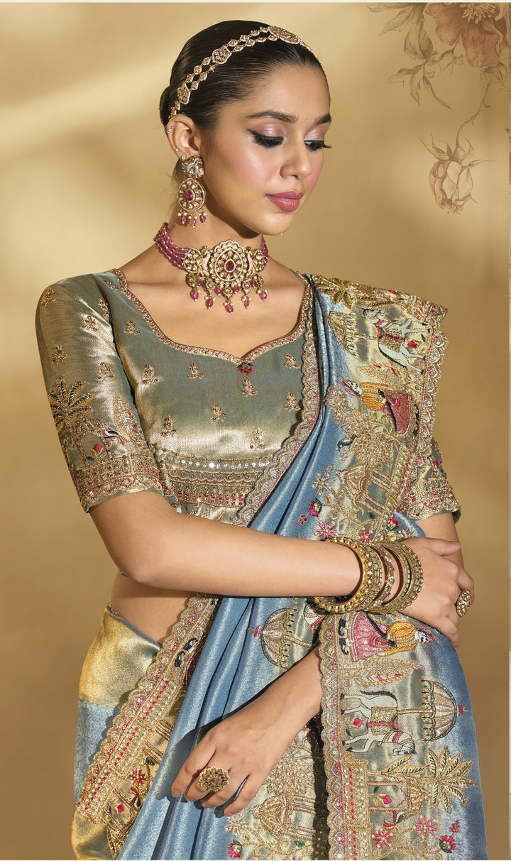 Powder Blue Heritage Embroidered Designer Saree