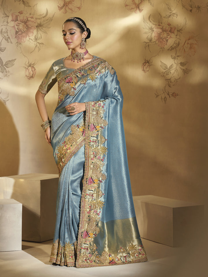 Powder Blue Heritage Embroidered Designer Saree