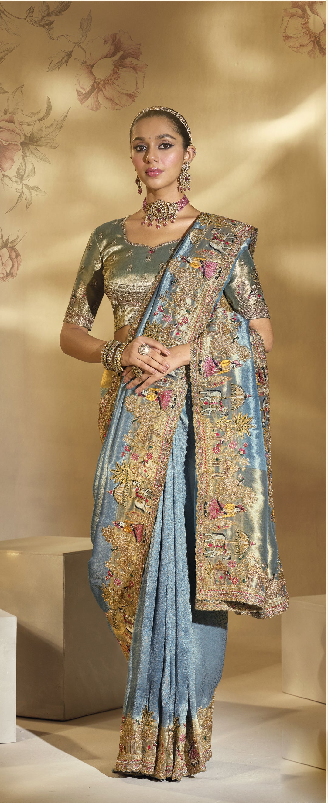 Powder Blue Heritage Embroidered Designer Saree