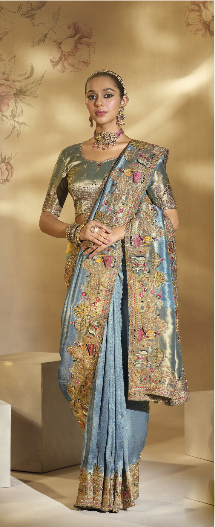 Powder Blue Heritage Embroidered Designer Saree