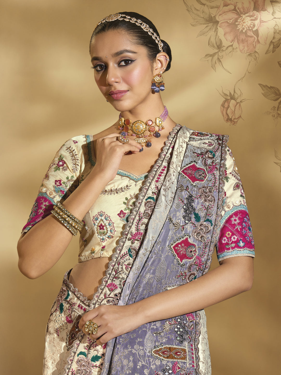 Ivory & Lavender Dual Tone Embroidered Designer Saree