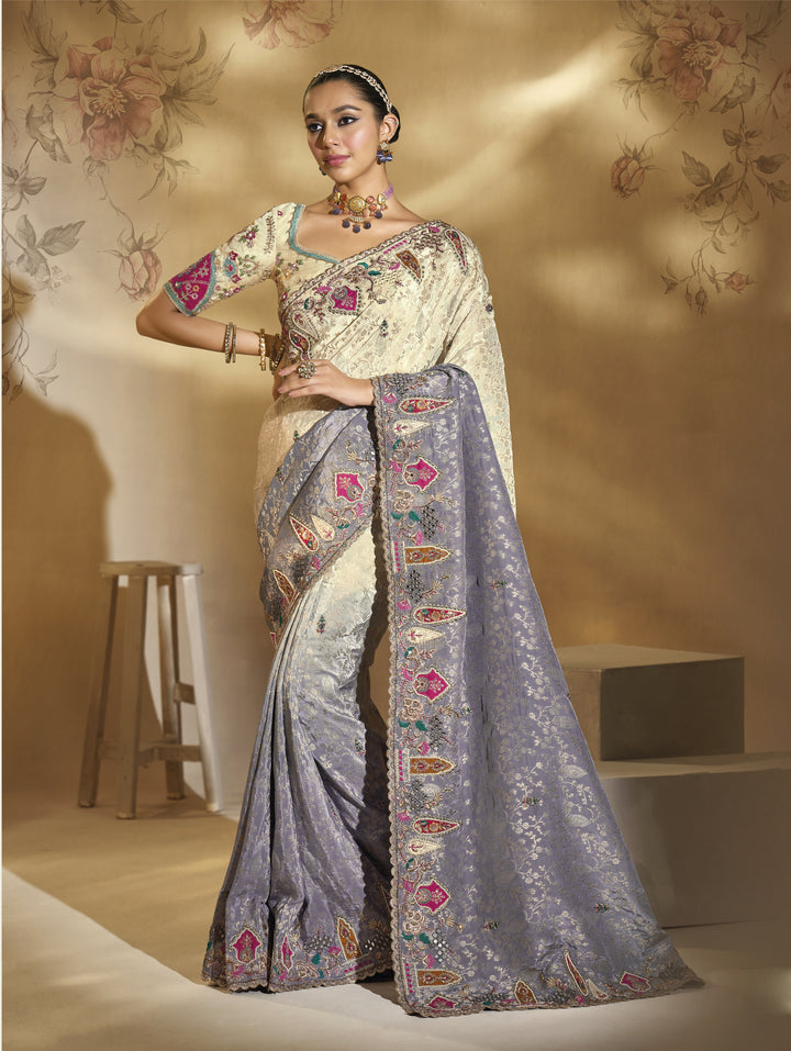 Ivory & Lavender Dual Tone Embroidered Designer Saree