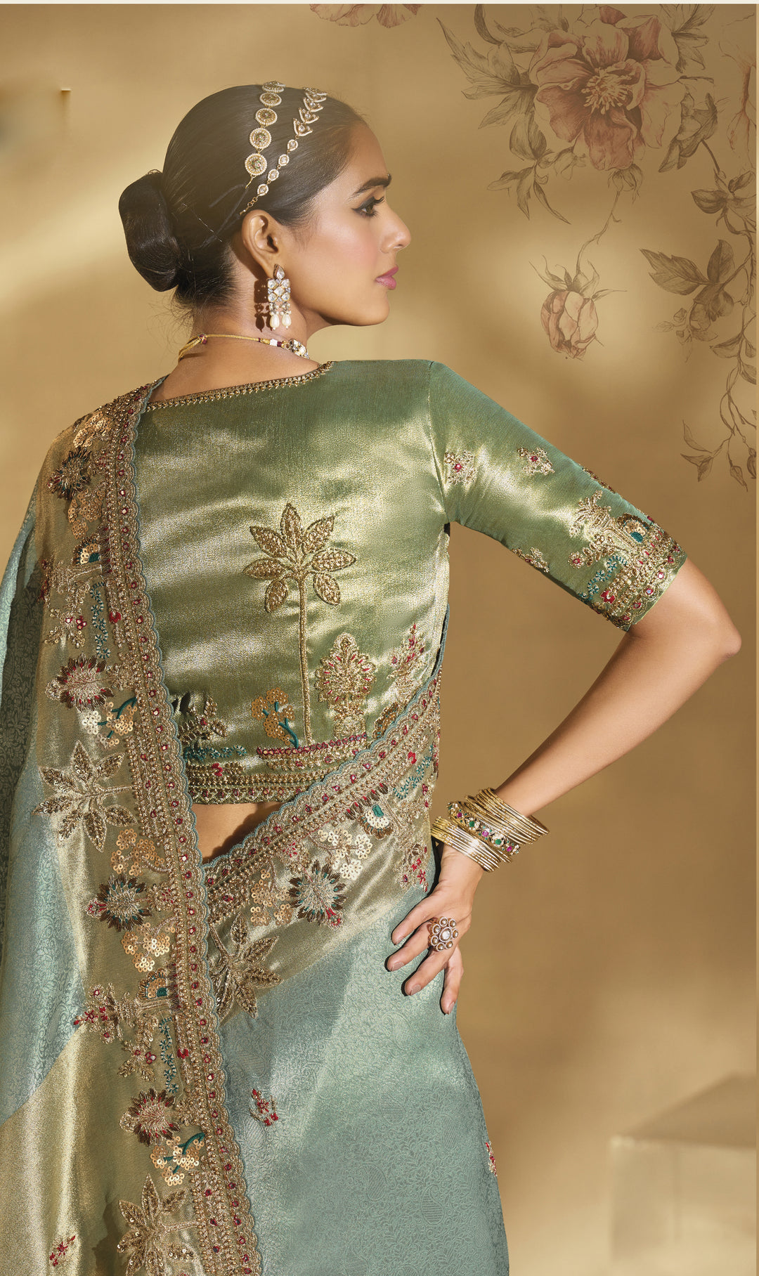 Sea Green Designer Silk Saree with Antique Embroidered Border