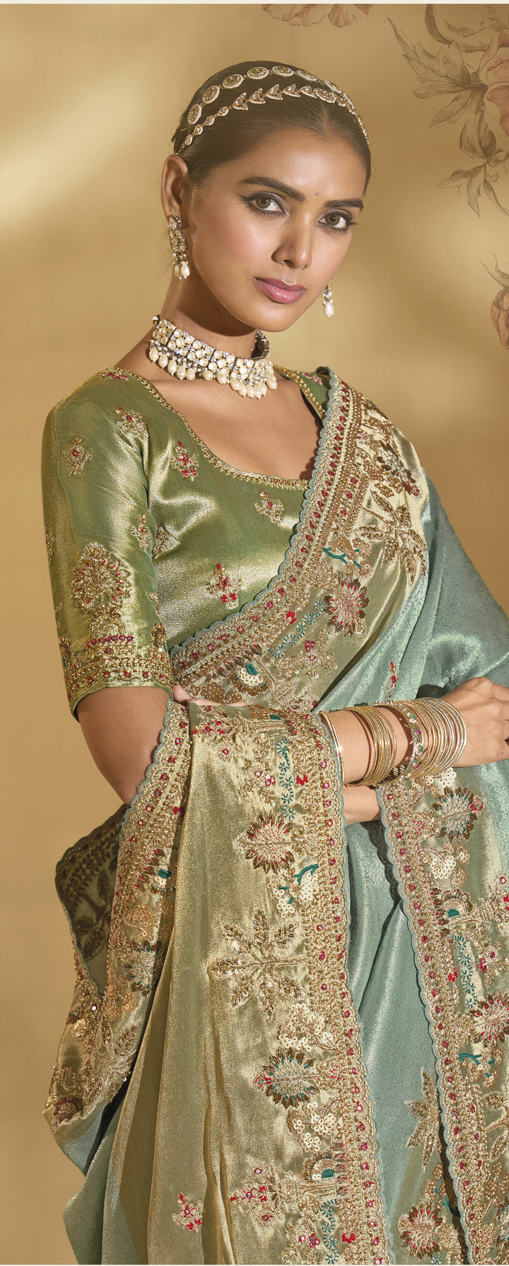 Sea Green Designer Silk Saree with Antique Embroidered Border
