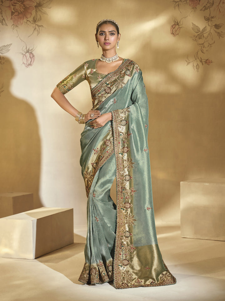 Sea Green Designer Silk Saree with Antique Embroidered Border