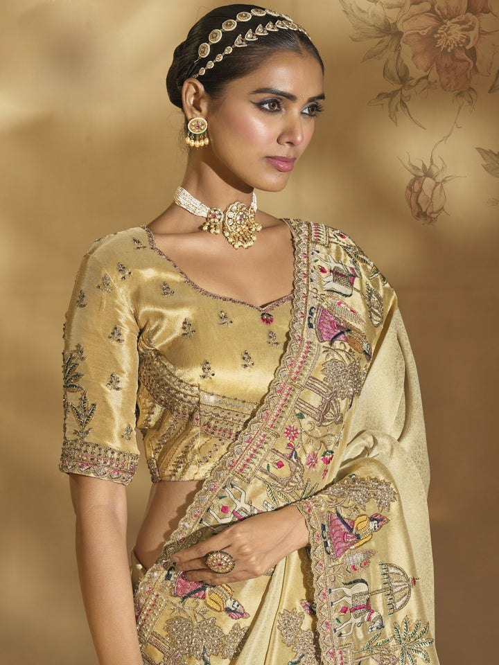 Ivory Gold Heritage Embroidered Designer Saree