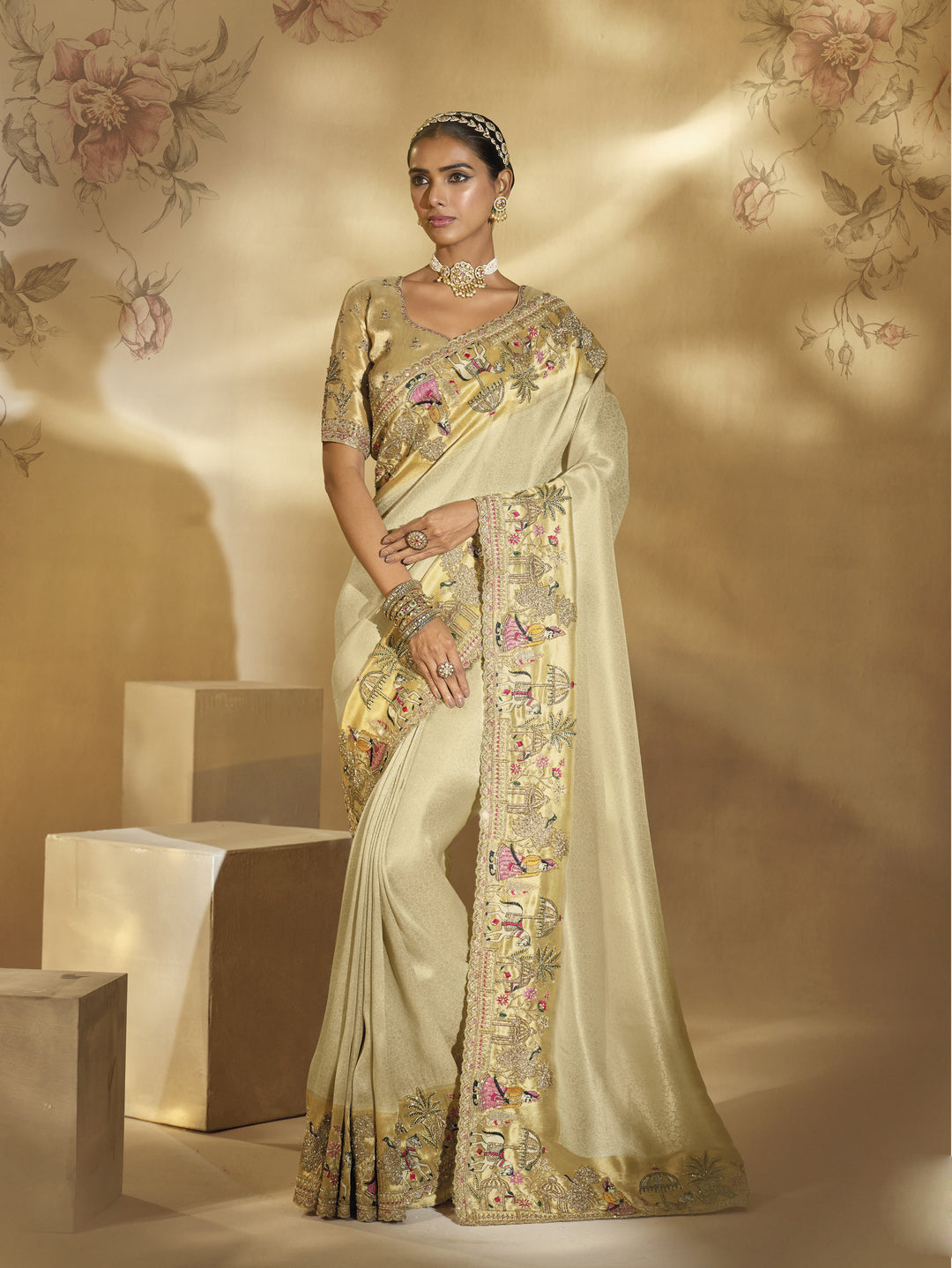 Ivory Gold Heritage Embroidered Designer Saree