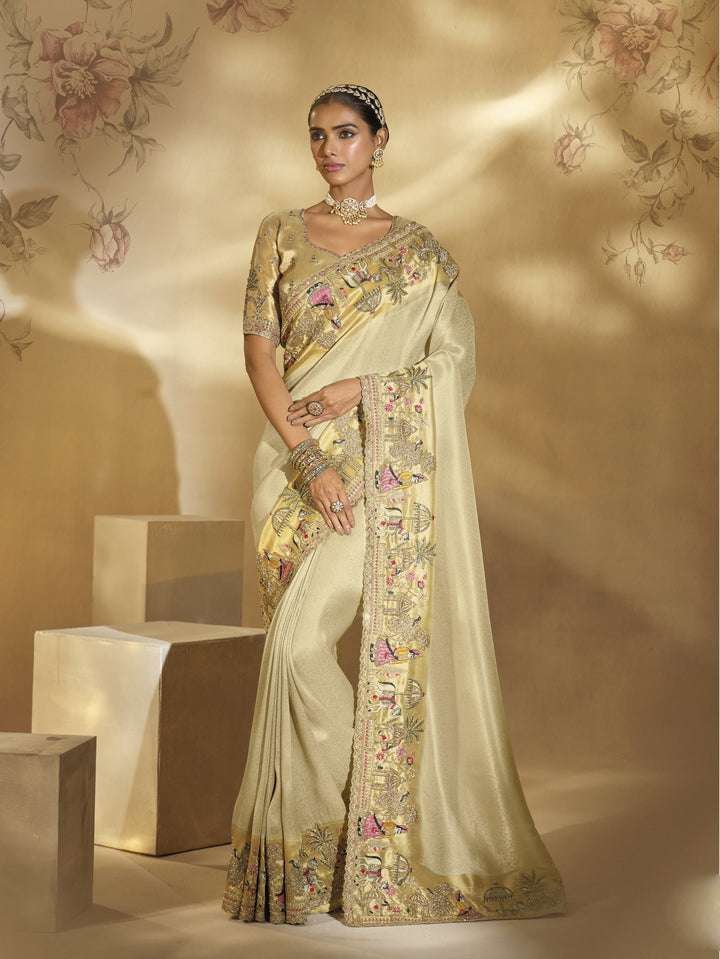 Ivory Gold Heritage Embroidered Designer Saree