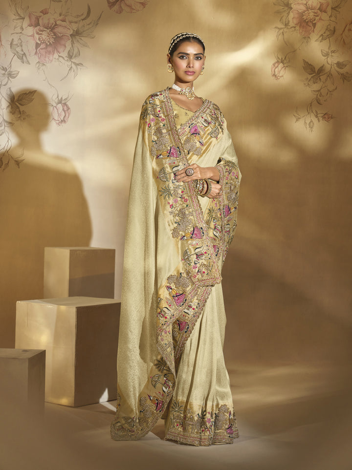 Ivory Gold Heritage Embroidered Designer Saree