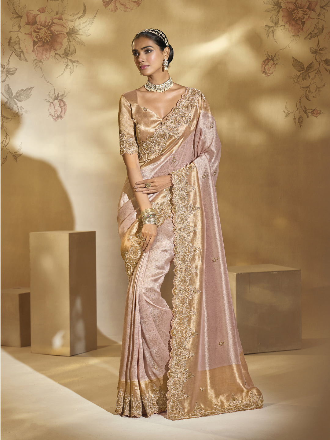 Blush Pink & Gold Embroidered Luxury Designer Saree