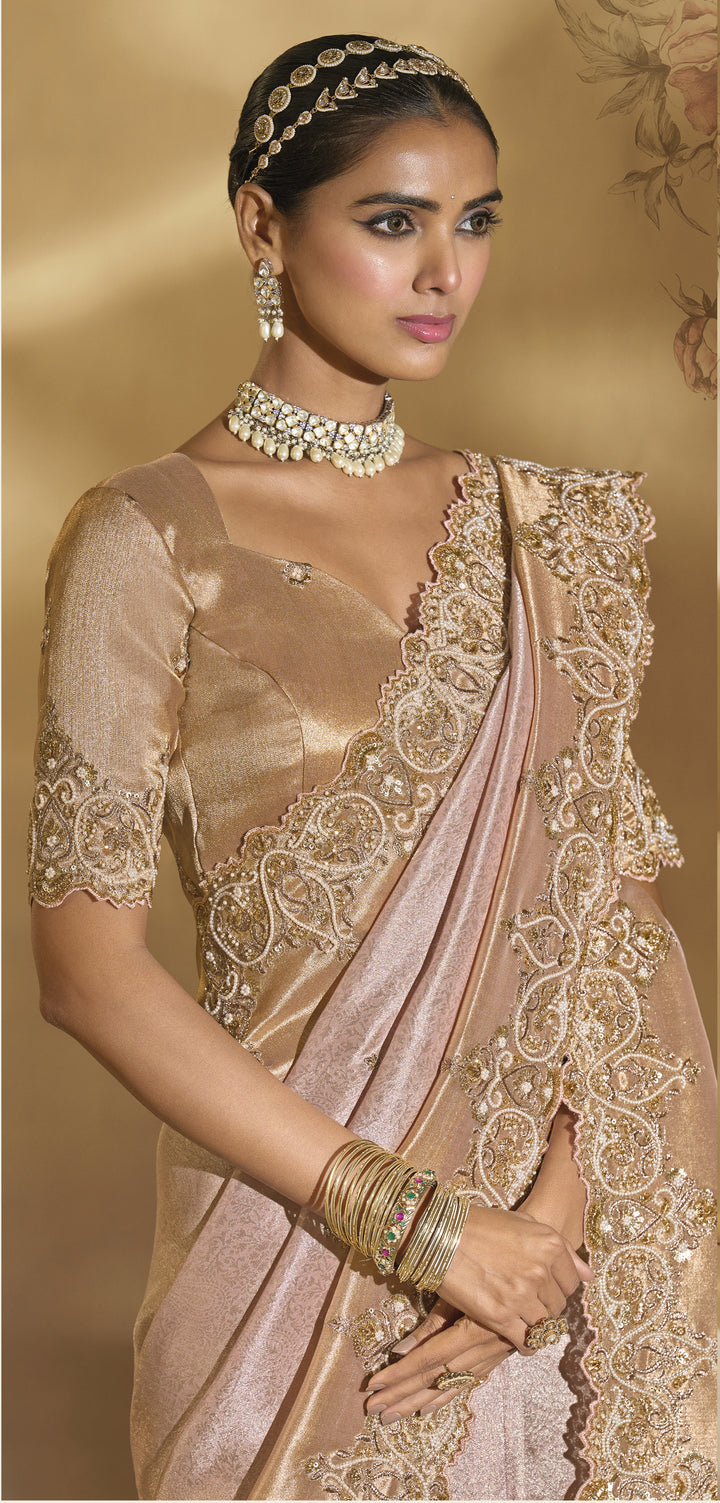 Blush Pink & Gold Embroidered Luxury Designer Saree