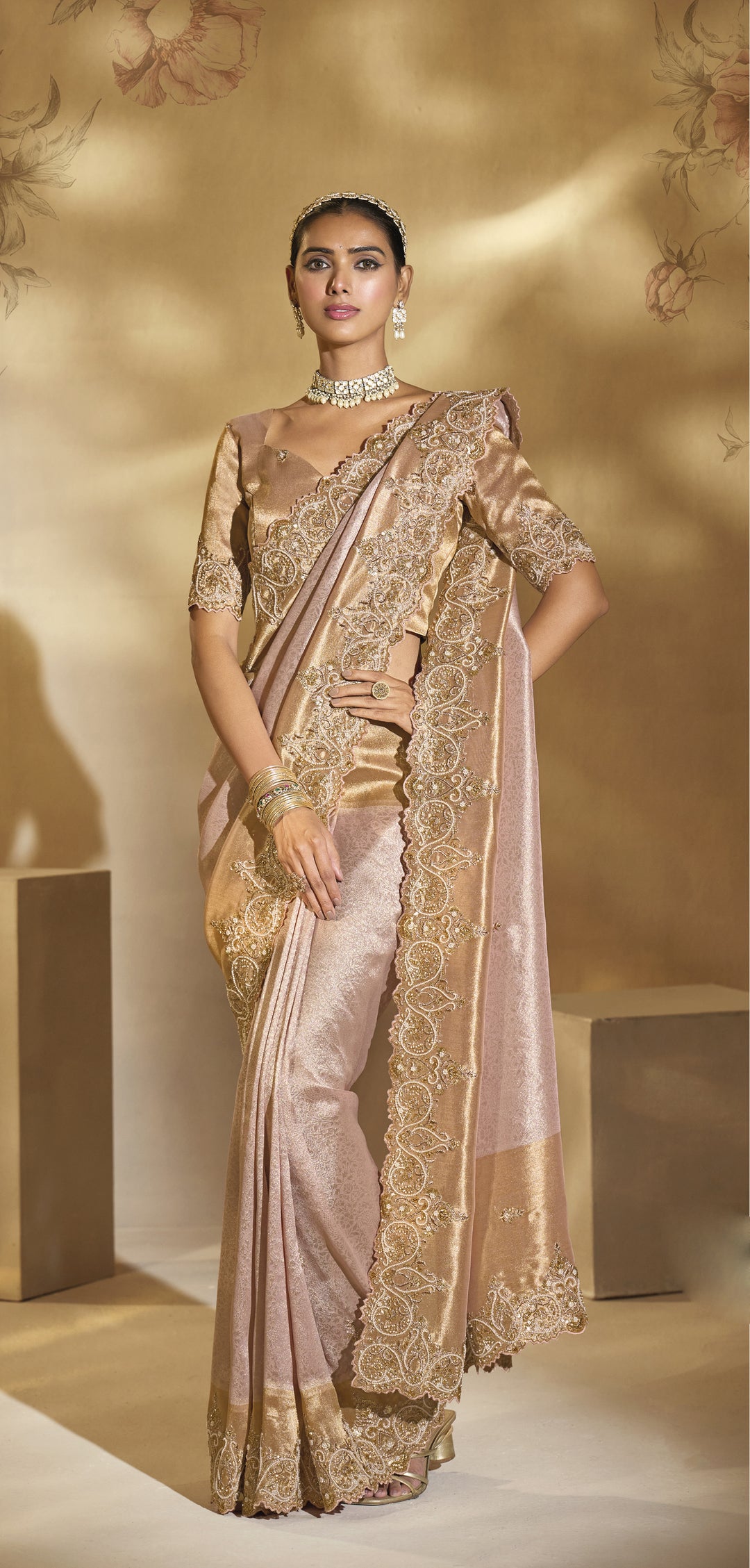 Blush Pink & Gold Embroidered Luxury Designer Saree