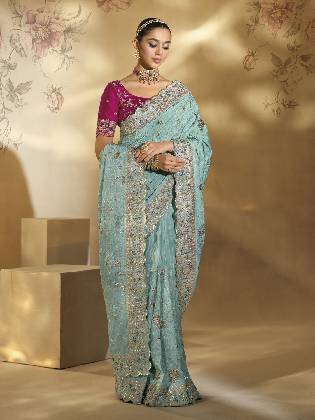 Powder Blue Embroidered Designer Saree with Scalloped Border