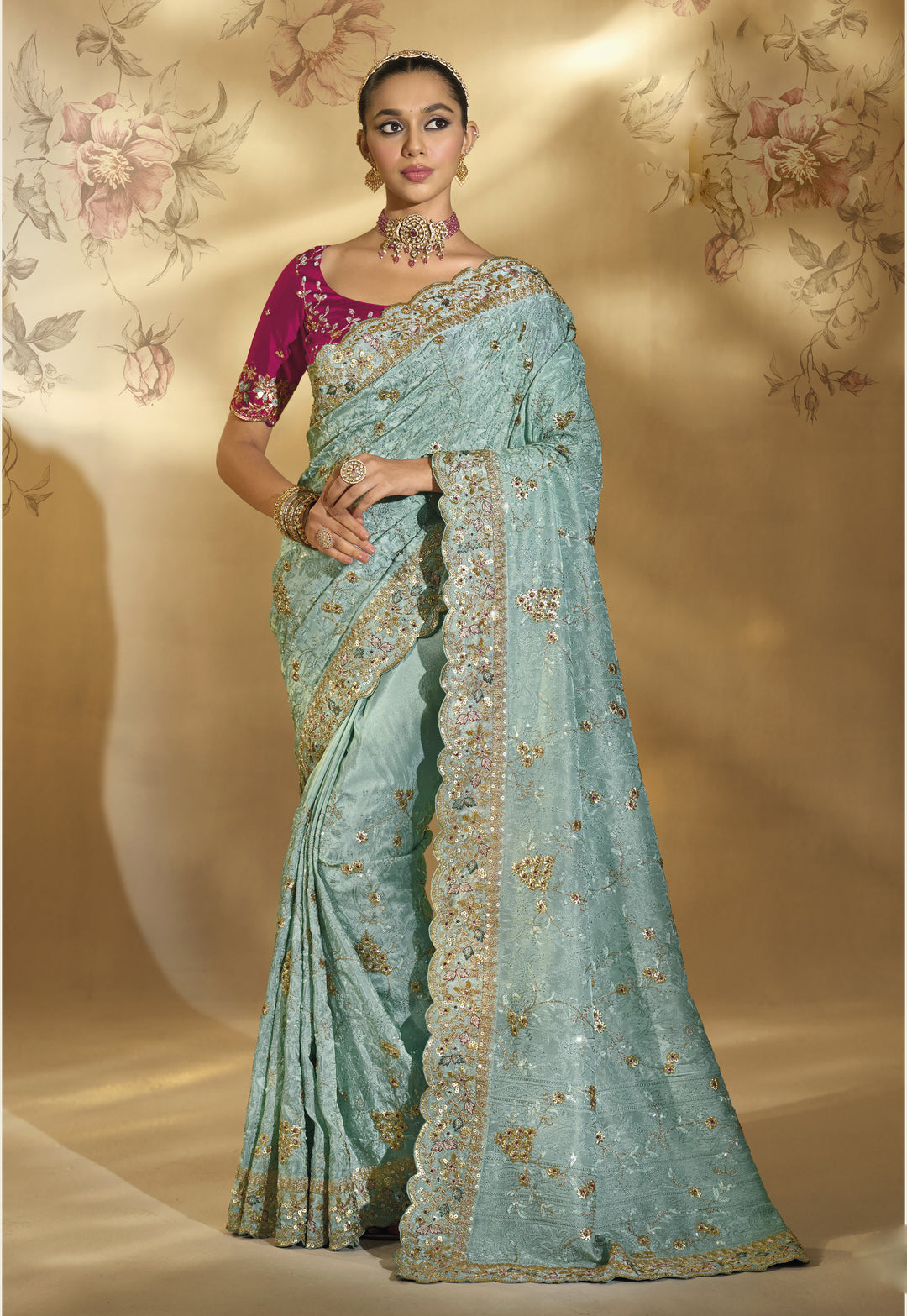 Powder Blue Embroidered Designer Saree with Scalloped Border