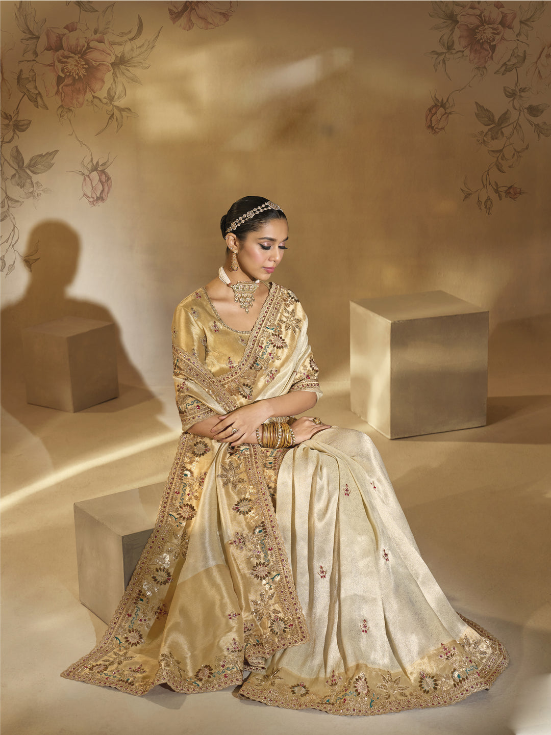Ivory Gold Embroidered Designer Silk Saree