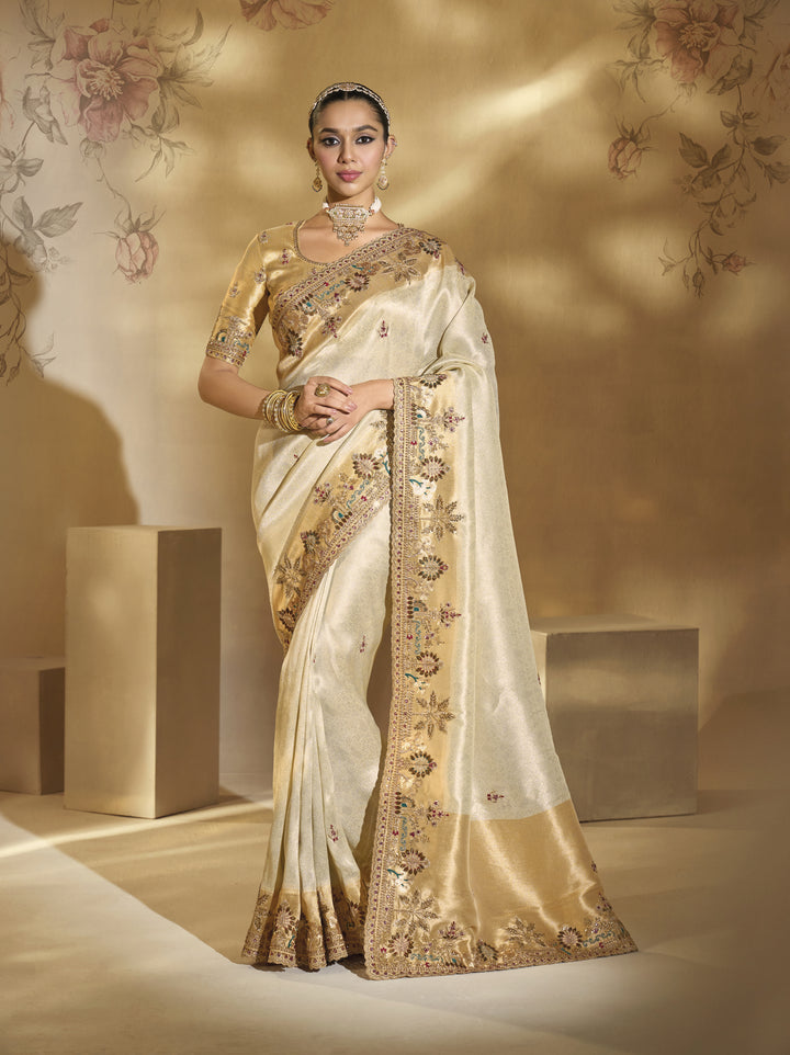 Ivory Gold Embroidered Designer Silk Saree