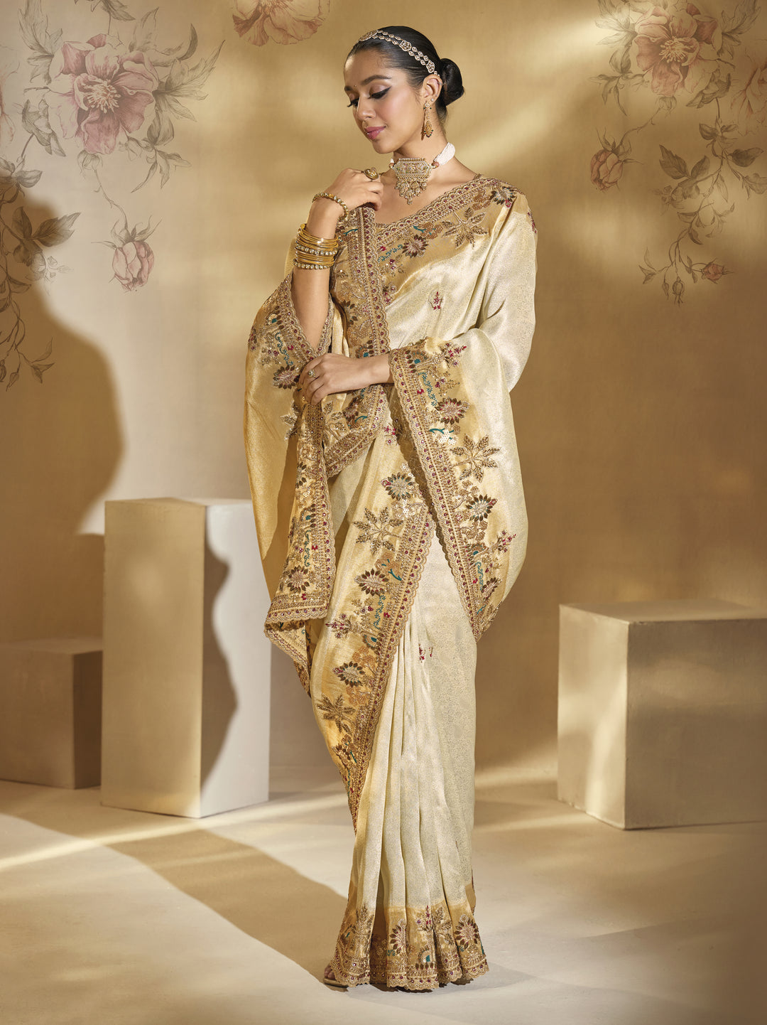 Ivory Gold Embroidered Designer Silk Saree