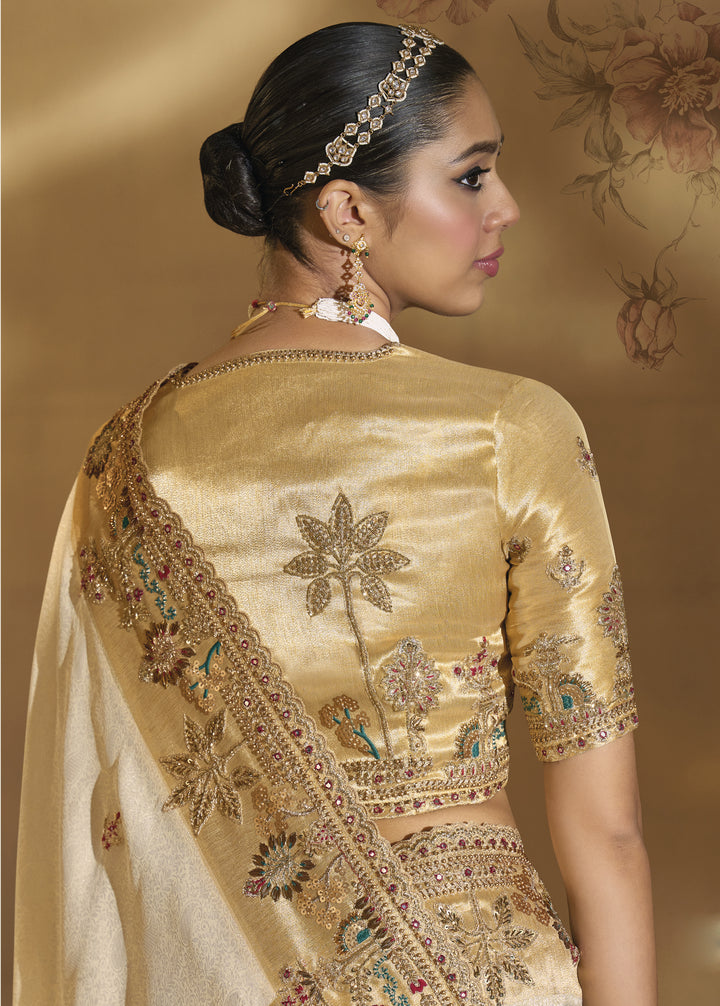 Ivory Gold Embroidered Designer Silk Saree