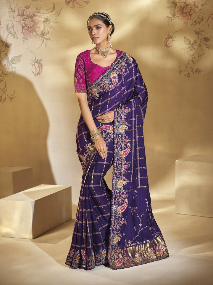 Royal Purple & Rani Pink Embroidered Designer Saree