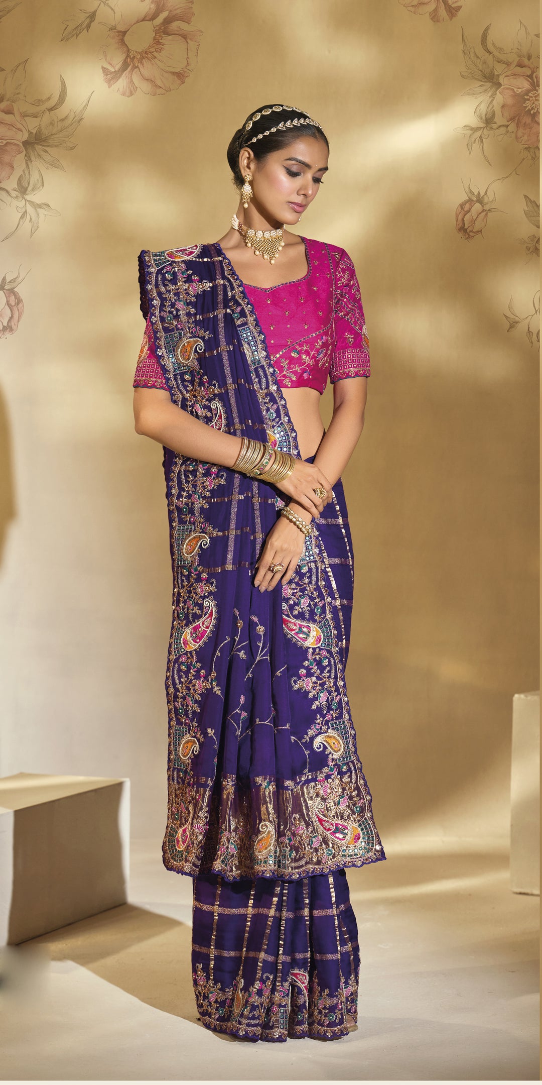 Royal Purple & Rani Pink Embroidered Designer Saree