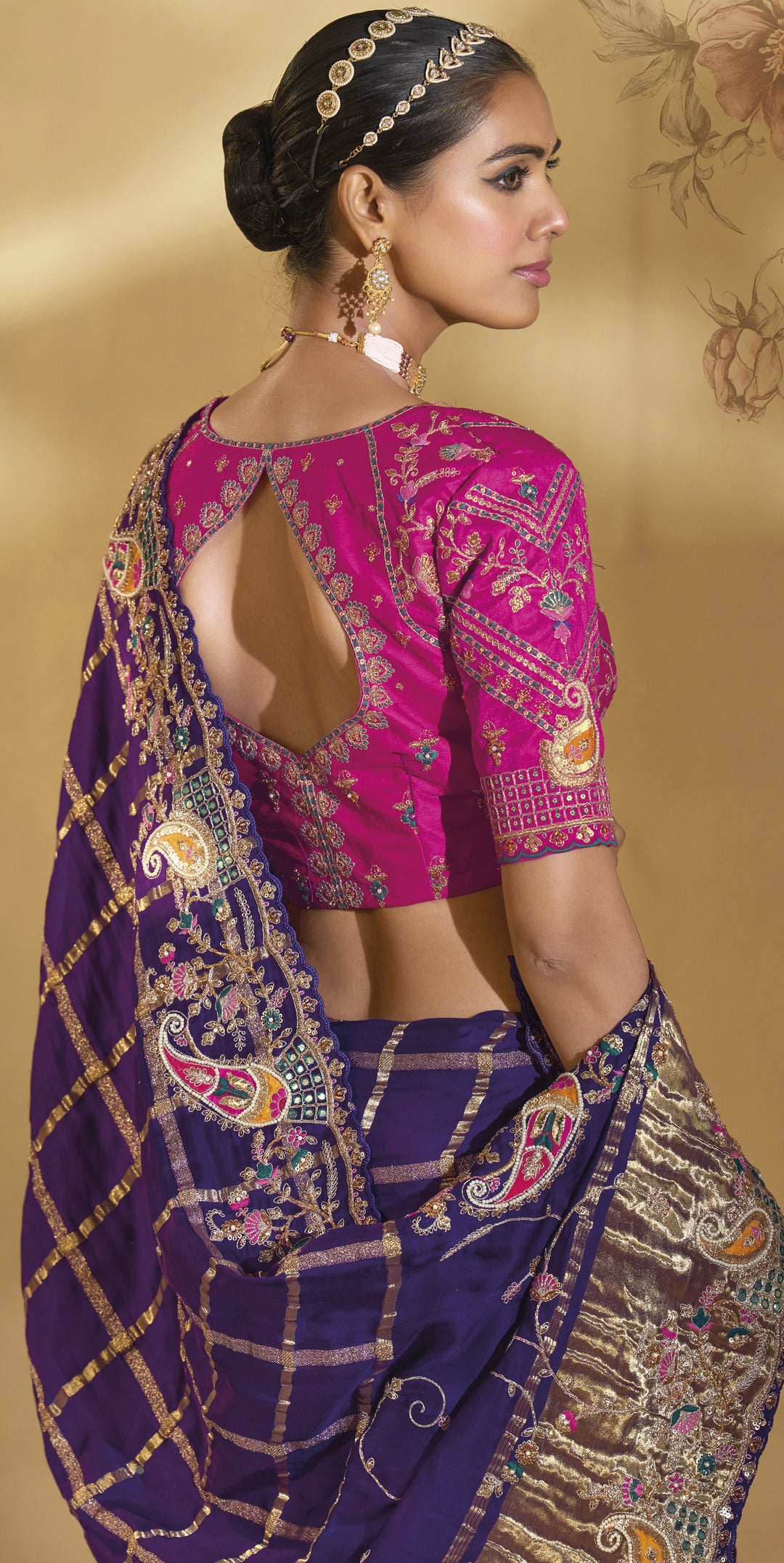 Royal Purple & Rani Pink Embroidered Designer Saree
