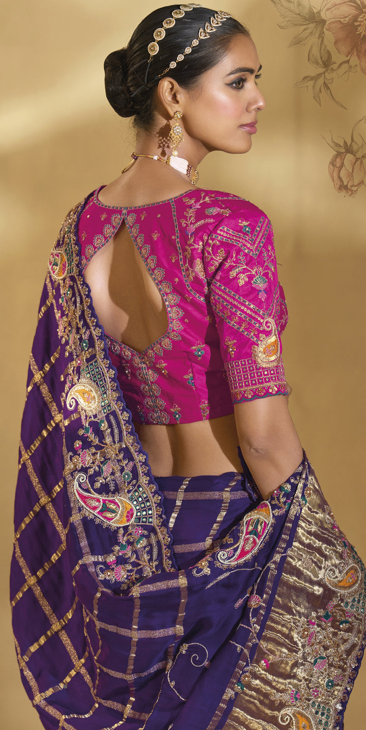 Royal Purple & Rani Pink Embroidered Designer Saree