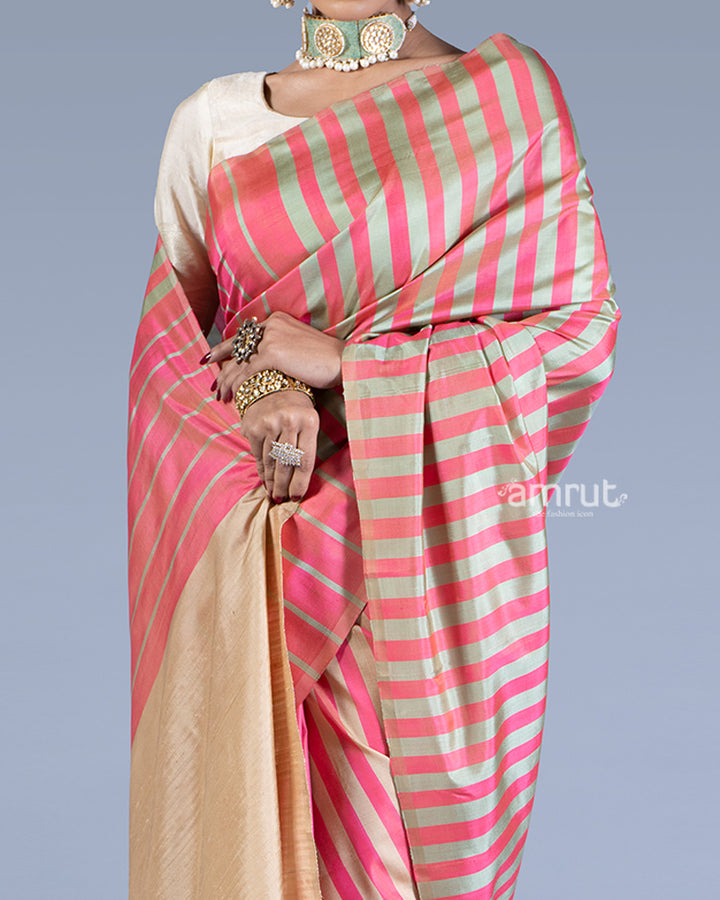 Pink and Beige Striped and Fringe Trim Saree with unstitched blouse