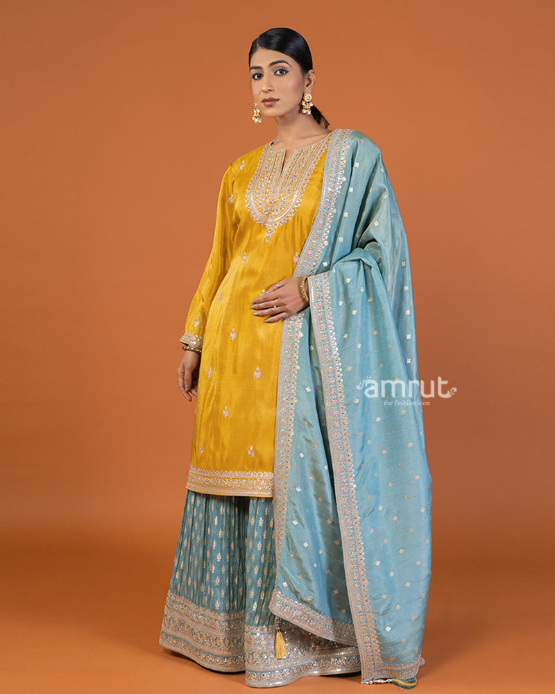 Yellow and sky-blue Zari Buti embellished salwar kameez