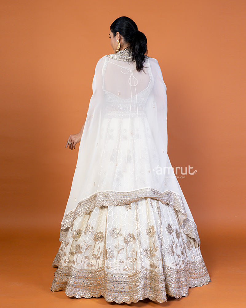 Ivory Sequin Embellished Lehenga Choli with Shrug-Style Dupatta