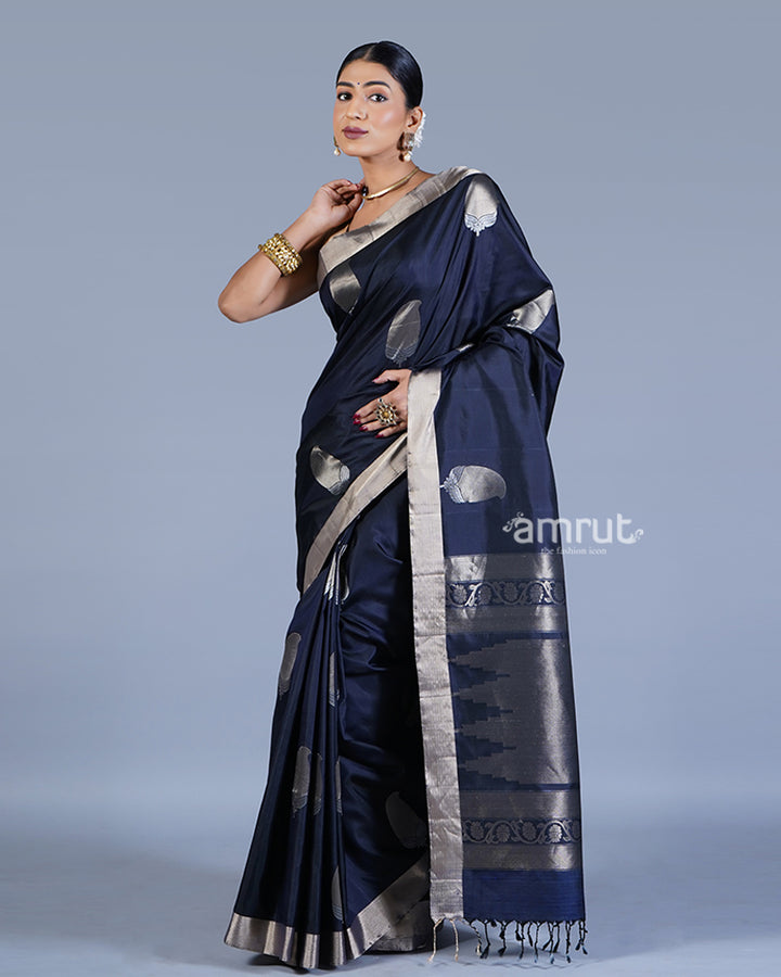 Navy Blue with Golden Zari Leaf Patterns and Geometric Motifs Saree with unstitched blouse