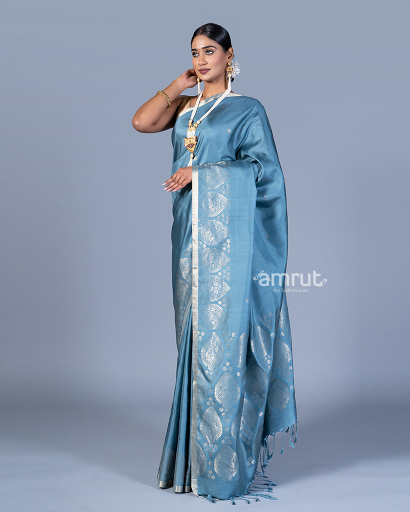 Light Teal Blue and Beige Borders Silk Saree with Unstitched Blouse