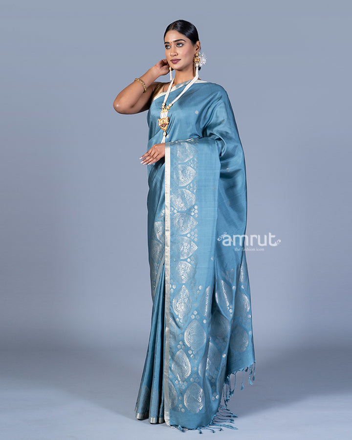 Light Teal Blue with Metallic Silver Floral Motif and Beige Borders Silk Saree with Unstitched Blouse