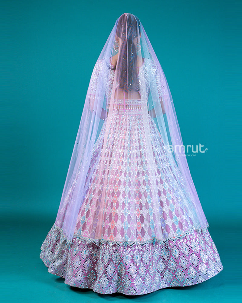 Pastel Embellished A-Line Lehenga with Sweetheart Neckline Choli and Sheer Lilac Dupatta