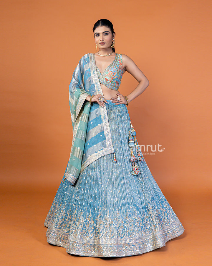 Light Teal-Blue Embroidered Lehenga Choli with Woven Dupatta and Silver-Gold Trim