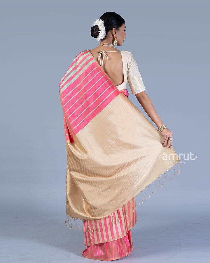 Pink and Beige Striped and Fringe Trim Saree with unstitched blouse