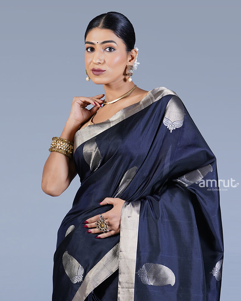 Navy Blue with Golden Zari Leaf Patterns and Geometric Motifs Saree with unstitched blouse