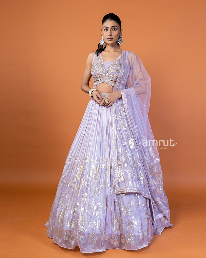 Light Lavender Sequin Embellished Lehenga Choli with Shrug-Style Dupatta