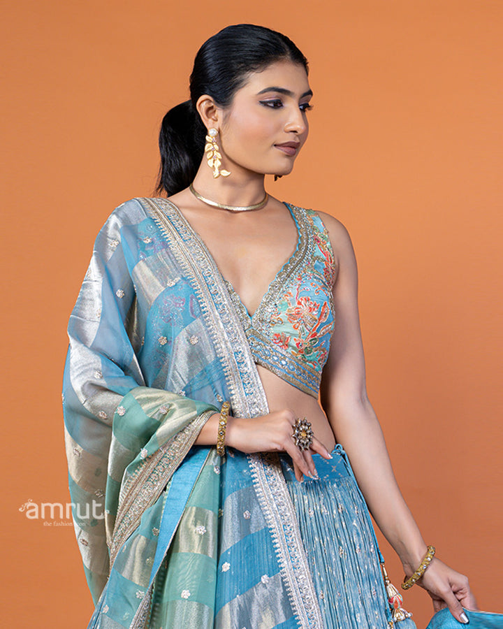 Light Teal-Blue Embroidered Lehenga Choli with Woven Dupatta and Silver-Gold Trim