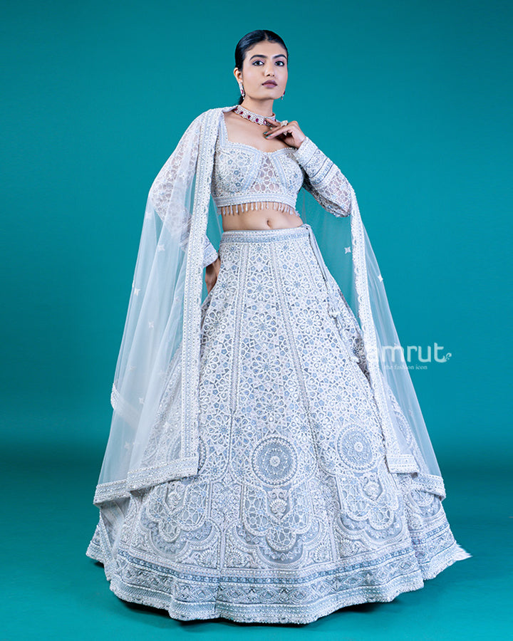 Embroidered Light Gray Lehenga Choli with Square Neckline and Sheer Dupatta