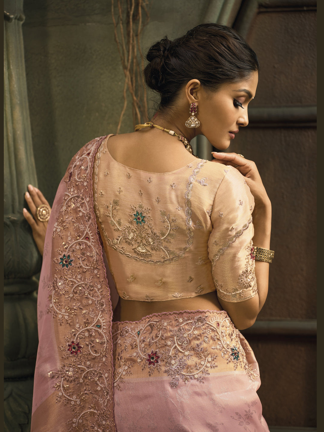 Elegant Blush Pink Silk Saree with Floral Embroidered Border