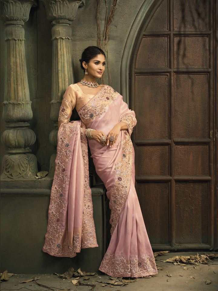 Elegant Blush Pink Silk Saree with Floral Embroidered Border