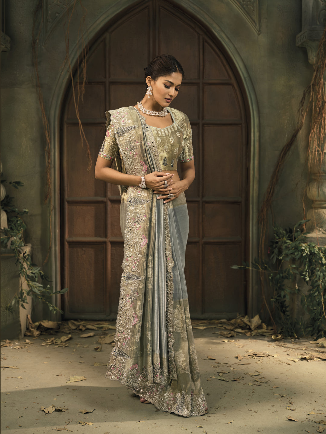Elegant Grey Silk Saree with Intricate Embroidery & Zari Border