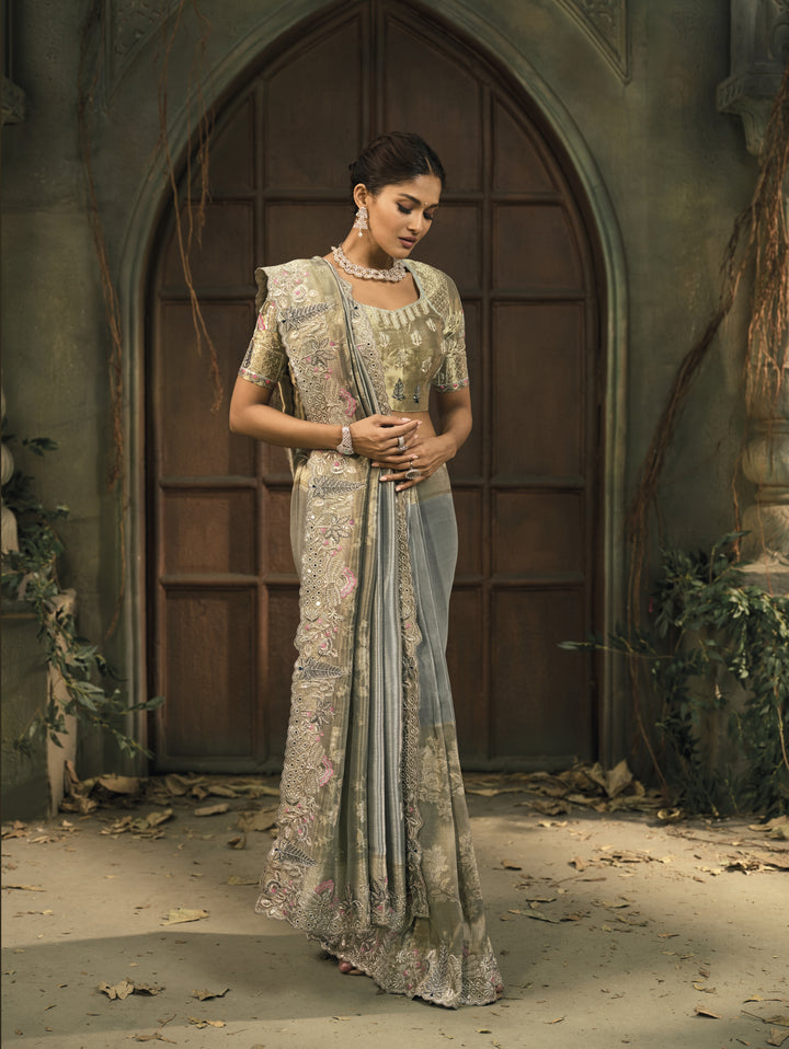 Elegant Grey Silk Saree with Intricate Embroidery & Zari Border