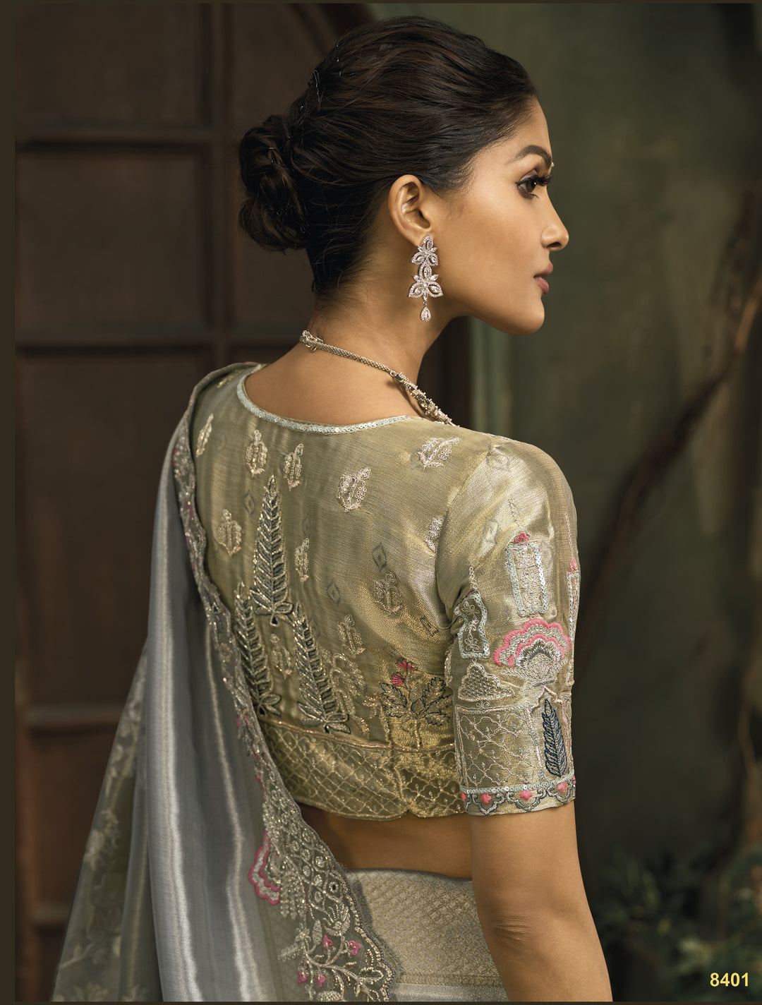 Elegant Grey Silk Saree with Intricate Embroidery & Zari Border