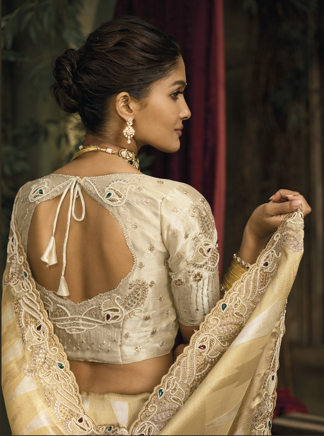Classic Beige Gold Silk Saree with Elegant Embroidery Border