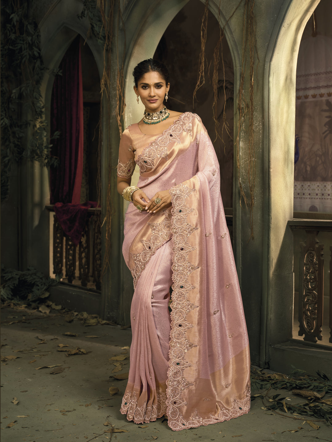 Soft Blush Pink Silk Saree with Intricate Embroidery & Zari Border