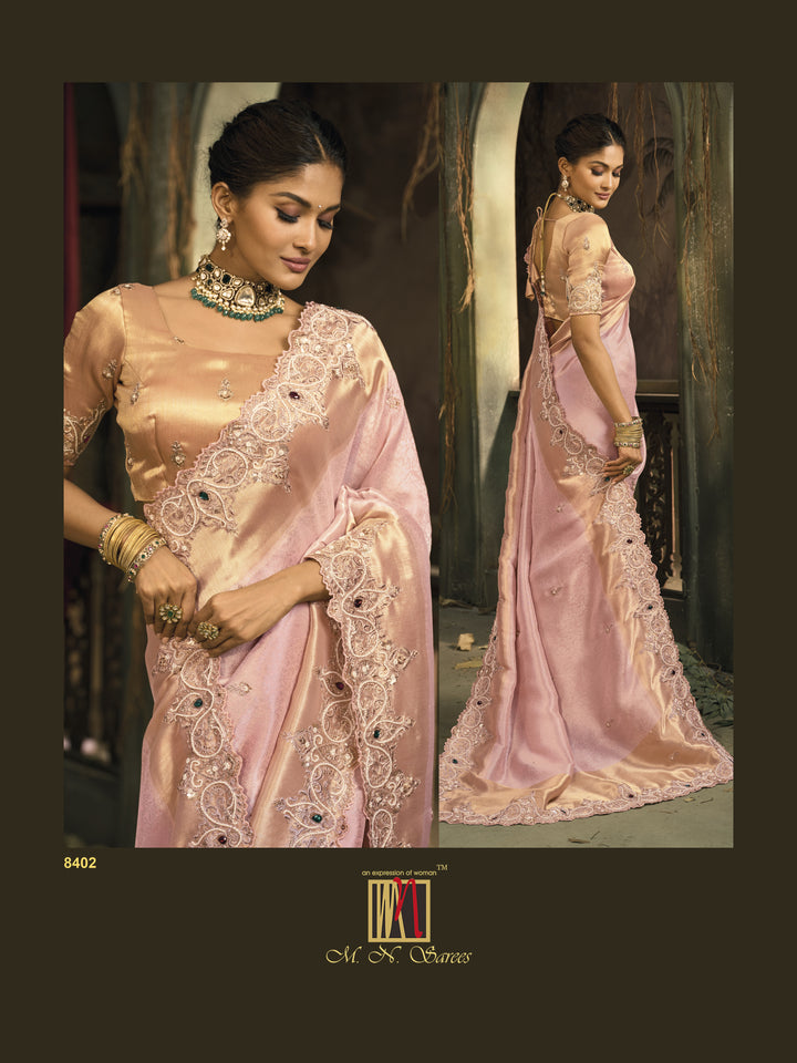 Soft Blush Pink Silk Saree with Intricate Embroidery & Zari Border