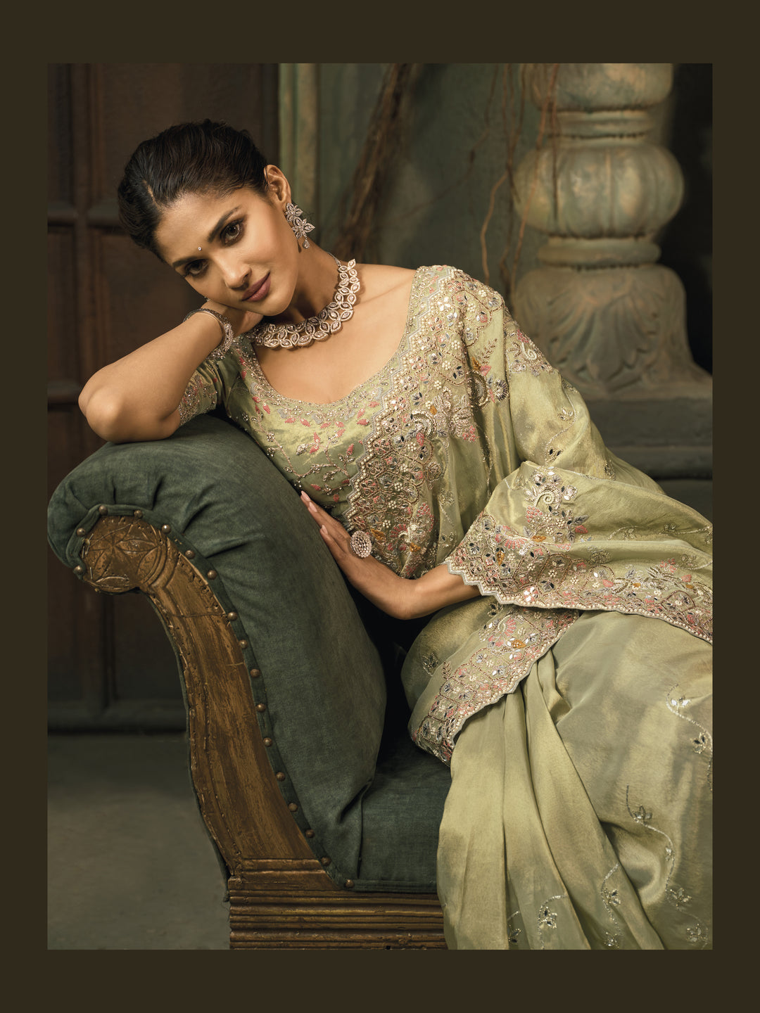Pastel Green Silk Saree with Intricate Embroidery & Elegant Zari Border