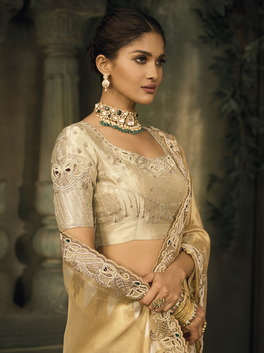 Classic Beige Gold Silk Saree with Elegant Embroidery Border
